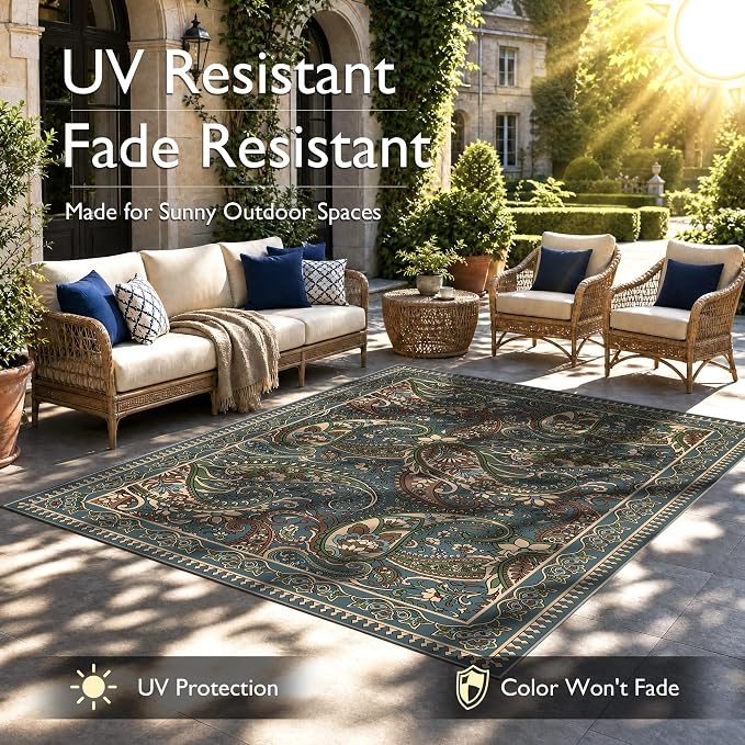 Arenarug Paisley Outdoor Rug Waterproof 6x9, UV Resistant Non Slip Patio Rug, Indoor Outdoor Boho Camping Rug Linen-Look RV Carpet for Deck Balcony Backyard, Sage&Blue