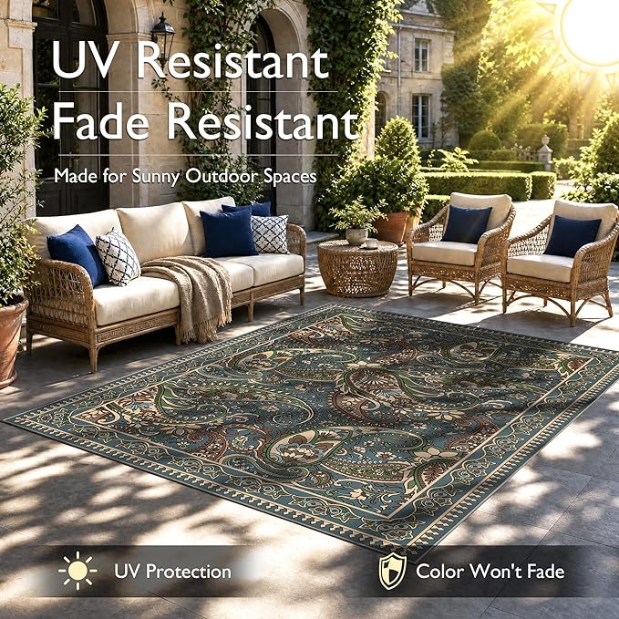 Arenarug Paisley Outdoor Rug Waterproof 5x8, UV Resistant Non Slip Patio Rug, Indoor Outdoor Boho Camping Rug Linen-Look RV Carpet for Deck Balcony Backyard, Sage&Blue
