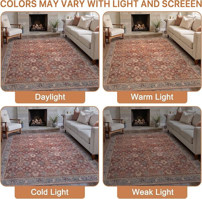 BESBLEE 6X9 Area Rugs Machine Washable Rugs for Living Room, Vintage Boho Large Rugs for Bedroom Dining Room, Non Slip Indoor Soft Distressed Lightweight Thin Low Pile Carpet, Red Brown