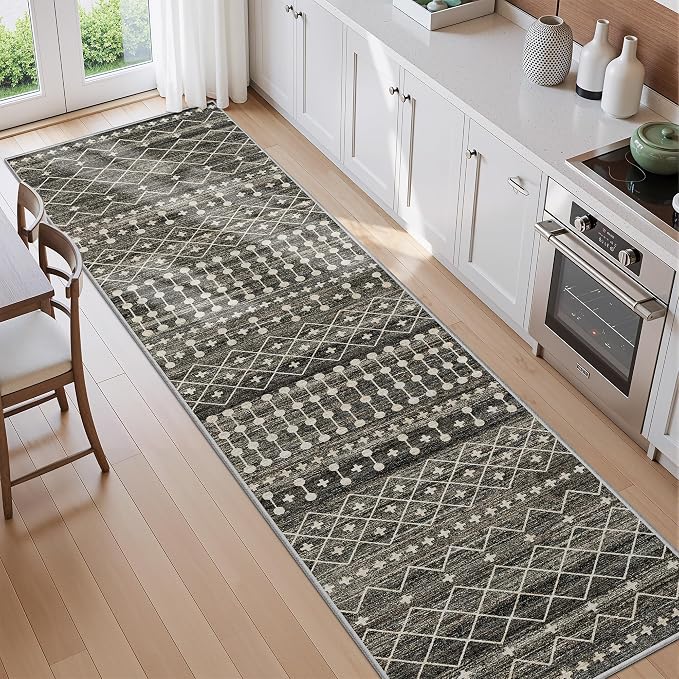 Miukiki 2x8 Runner Rug Moroccan Washable Kitchen Rug Non Slip Indoor Floor Hallway Runner Rug Foldable Carpet for Bathroom Laundry Room with Low Pile(Black,2'x8')