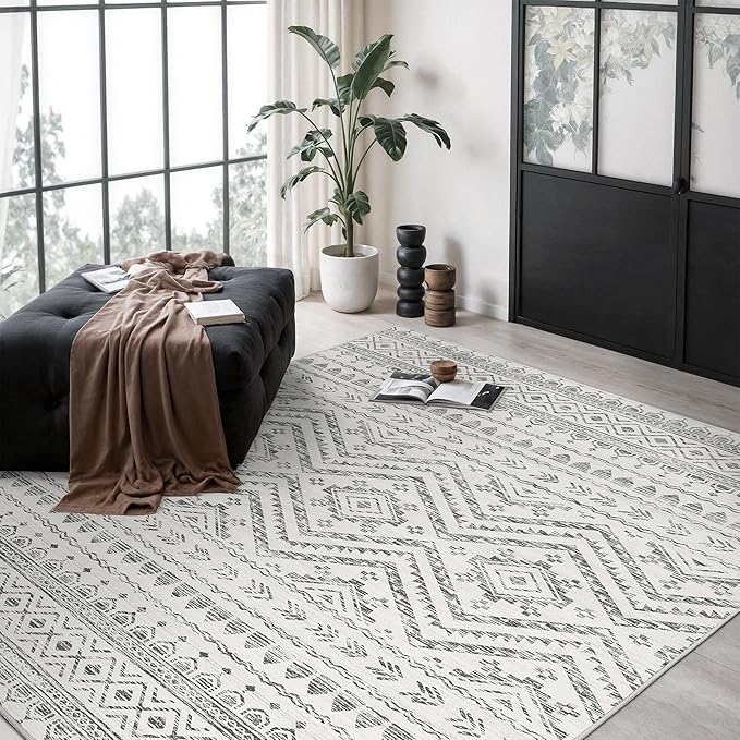 Miukiki 5x7 Area Rug for Living Room Moroccan Washable Rugs Non Slip Indoor Floor Carpet Foldable Large Soft Area Rug for Dining Room Bedroom with Low Pile(Grey,5'x7')