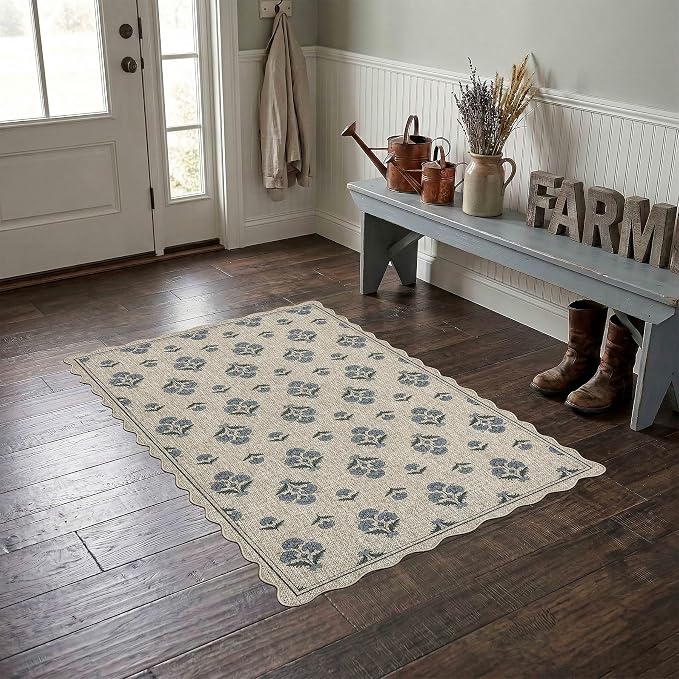 ORTIGIA Scalloped Easy Jute 3x5 Area Rug Vintage Blue Block Floral Farmhouse Washable Rug Non-Slip Indoor Outdoor Carpet for Living Room Bedroom Kitchen Patio Entryway