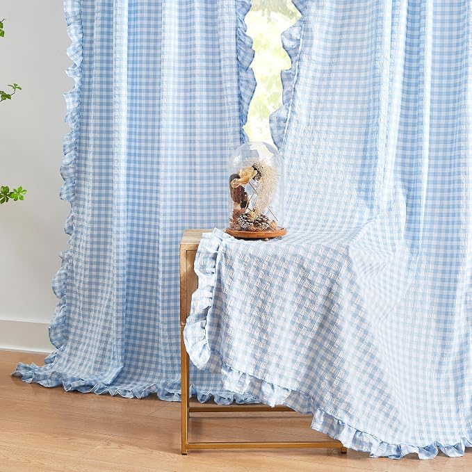 ZJDECOR Baby Blue Buffalo Plaid Ruffle Window Curtain Panels 84 Inches Long | Rustic Crinkled Not-See-Through Sheer Drapes,Shabby Chic Window Treatment,Bedroom Living Room,Rod Pocket,40"Wx84"Lx2