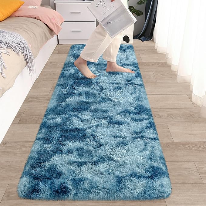2x6 ft Soft Blue Runner Rugs for Bedroom Living Room Blue Fluffy Rug Plush Shag Carpet Non Slip Washable for Nursery Dorm Fuzzy Bedside Rug Runner for Kids Girls Room Home Decor