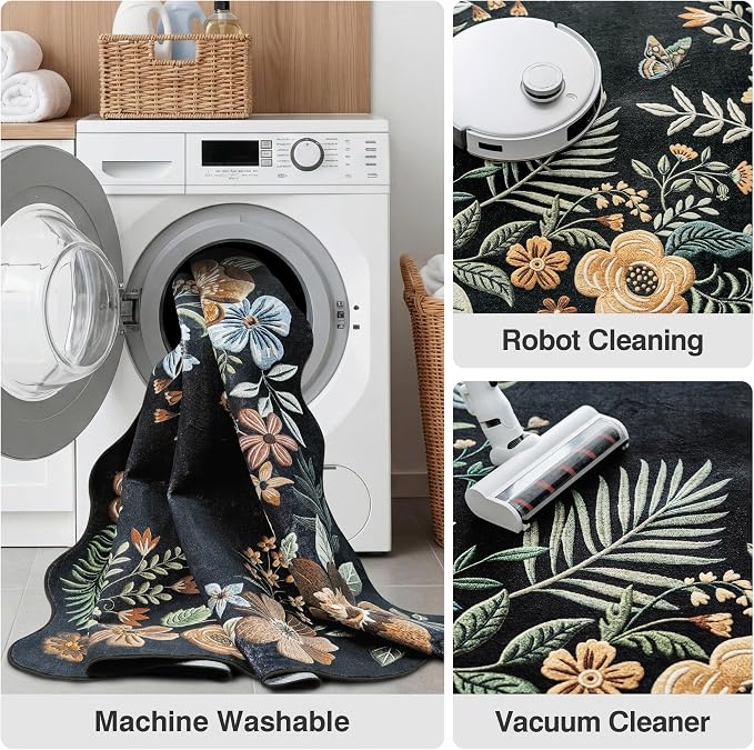 FMFUNCTEX 8x10 Washable Black Floral Vintage Boho Area Rug for Living Room | Soft Flower Colorful Traditional Distressed Non Slip Low Pile Large Indoor Thin Carpet Bedroom Dining Room Nursery,Black/Grey