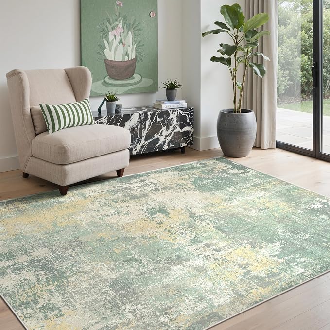 5x7 Area Rugs Washable Green Rug for Living Room Bedroom, Abstract Modern Large Rug Non Slip, Water Repellent Low Pile Soft Carpet for Dining Room, Grey Green