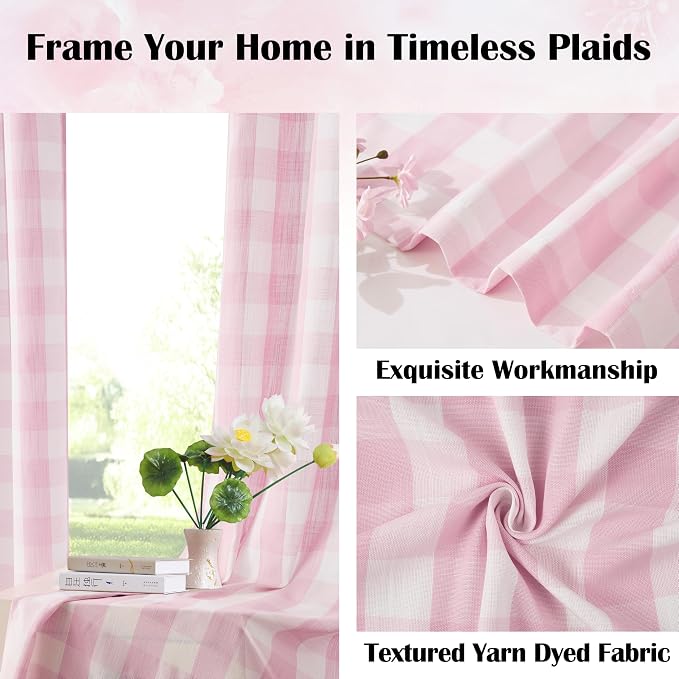 Pink and White Buffalo Plaid Semi Sheer Curtains 72 Inches Long | Pretty Girls Room Cozy Drapes,Yarn Dyed Fabric,Farmhouse Window Treatment for Bedroom Living Room,52"Wx72"L,Pack of 2