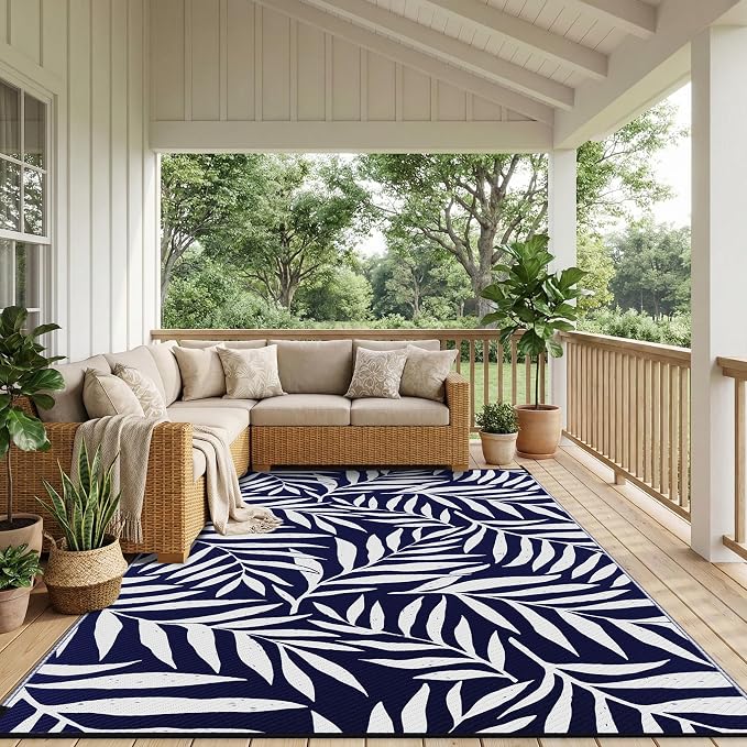 Smiry Outdoor Rug 8x10 ft, Waterproof Reversible Plastic Straw Rugs, Outdoor Area Rug with Leaf Pattern, Outside Floor Mat for Patio, Backyard, Deck, Picnic, Beach, Camping, Navy & White