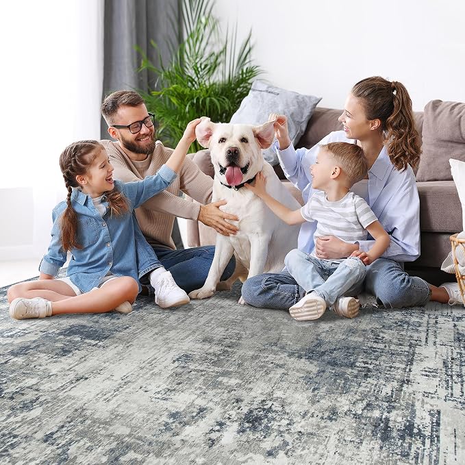 6x9 Area Rugs for Living Room Rug Washable: Modern Rug for Dining Room Bedroom Carpet Non Slip Low Pile 6 by 9 Indoor Abstract Nursery Home Office Blue Grey