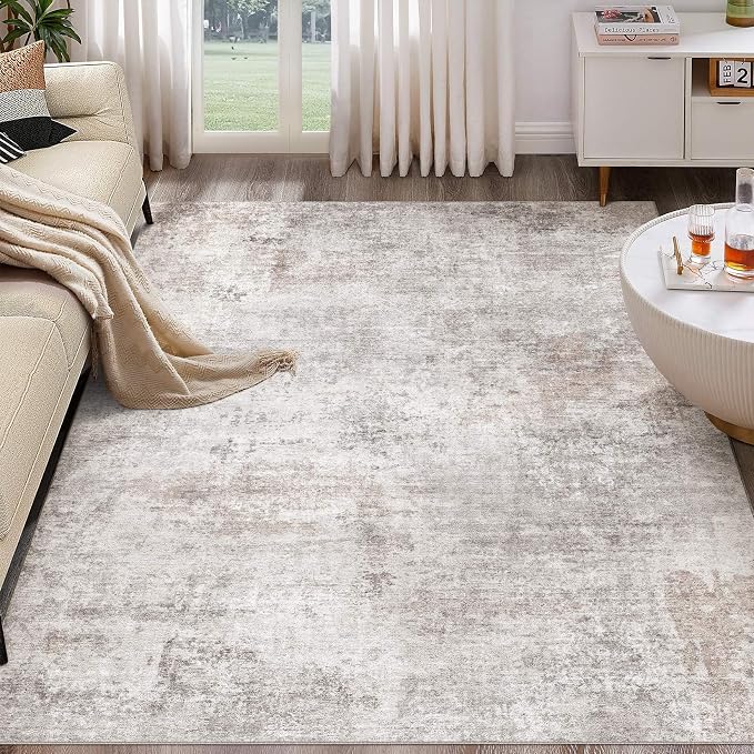 Abstract 9x12 Area Rug: Machine Washable Non Slip Ultra Thin Low-Pile Carpet, Soft Stain Resistant for Living Dining Room Bedroom, Kid Pet Friendly, Robot Vacuum Compatible - Brown Grey