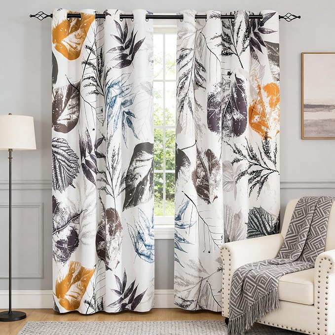 SUBRTEX Boho Leaf Printed Curtains 95 inch Long 2 Panels, Room Darkening Vibrant Floral Drapes, 50% Blackout Light Flitering Curtains, Semi Sheer Farmhouse Curtains for Living Room, 52Wx95L, Gray Leaf