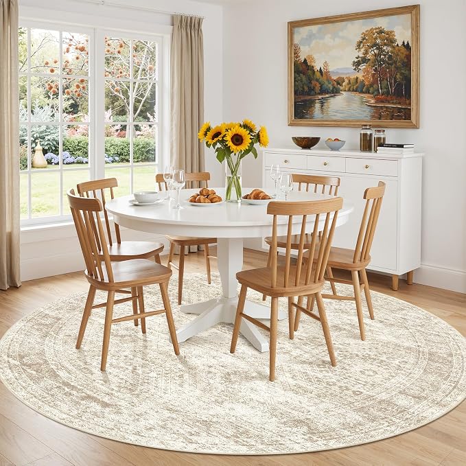 Round Rug 6ft,Circle Rug for Dining Room Table,Beige | Washable Rugs for Kitchen,Entryway,Bedroom,Dining Room,Nursery Room,Thin,Soft Runner Rug,Stain Resistant Indoor Carpet