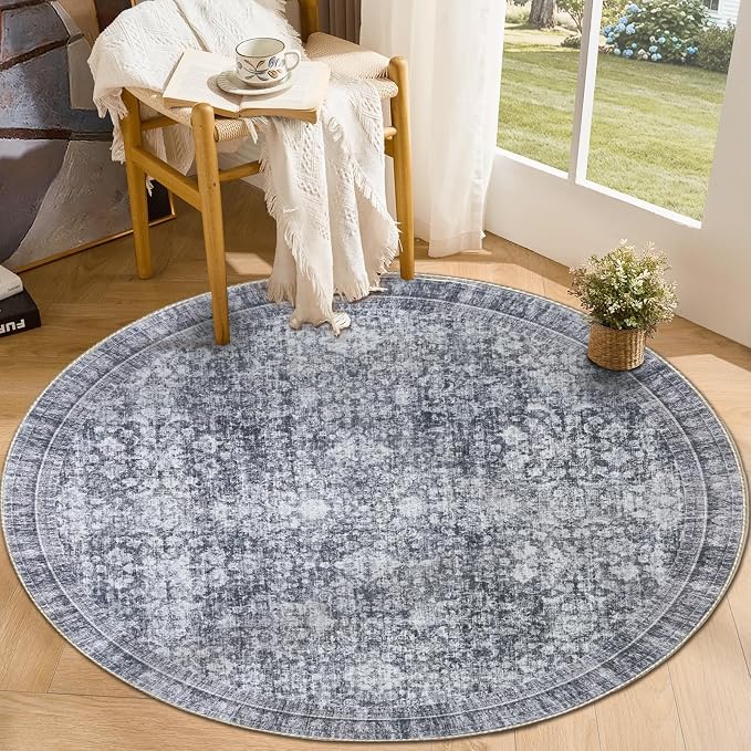 Sasttie Round Rug 4ft, Ultra-Soft Washable Circle Rug, Low Pile Foldable Thin Rugs with Non-Slip Backing, Skin-Friendly Stain Resistant Carpet for Living Room, Bedroom, Kitchen, Dorm, 4ft, Black Grey