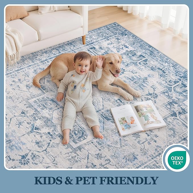 9x12 Area Rugs for Living Room:Blue Washable Vintage Medallion Boho Rug Non-Slip No Slip Stain Resistant Soft Low Pile Large Rugs Indoor Retro Carpet for Bedroom Nursery Dining (Blue Grey 9'x12')
