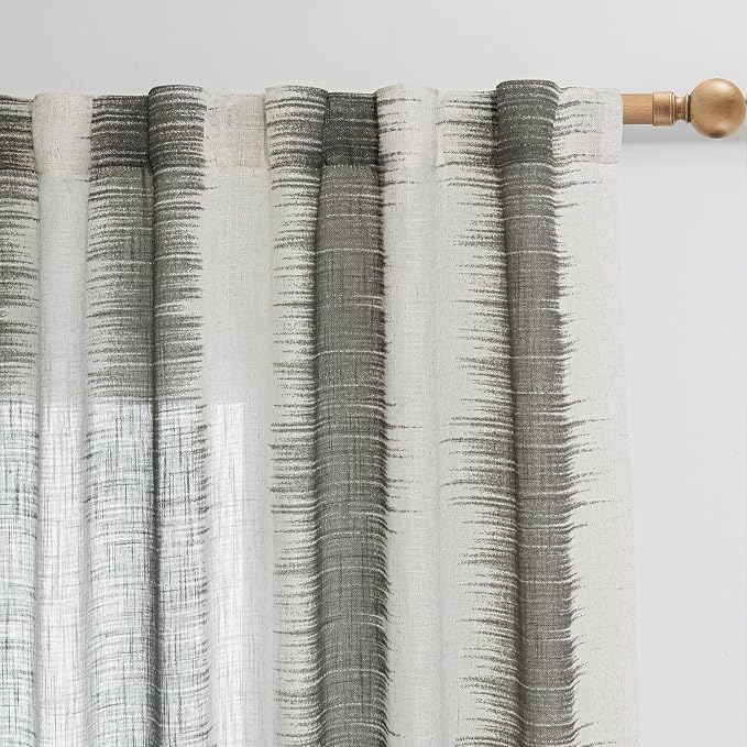 MYSKY HOME Ceiling Curtains for Living Room, Farmhouse Style Lines Printed Curtains 95 Inches Long Semi Sheer Drapes for Living Room, Modern Style Room Divider Curtains, 50"x95", Khaki, 2 PCs
