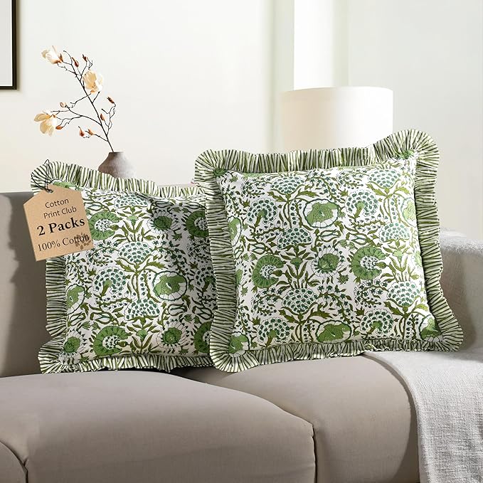 CPC Block Print Ruffle Throw Cover Agate Green 16"x16" Inch Pack of 2-100% Cotton Ruffle Couch Decorative Boho Pillows Case for Living Room, Bedroom, Sofa, Farmhouse Gift for Spring, Mother's Day