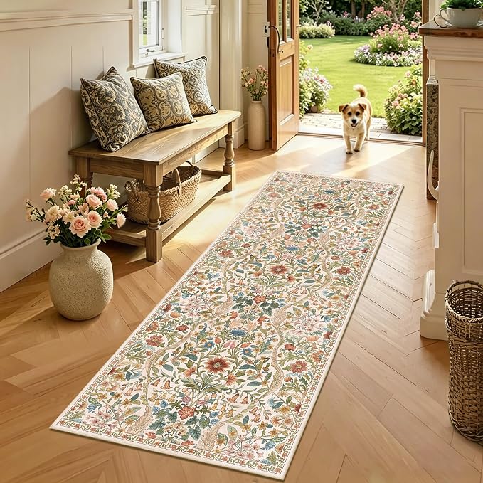 2x5 Washable Runner Rug,Beige Floral Long Rugs for Hallway,Low-Pile Non-Slip Stain Resistant Carpet for Kitchen, Bedside,Laundry Room,Entryway