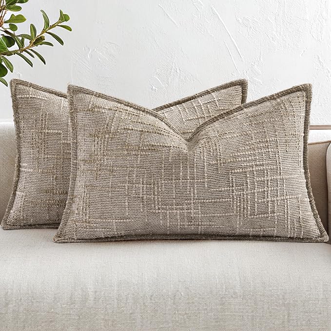 decorUhome Chenille Decorative Throw Pillow Covers 12x20 Set of 2,Oatmeal | Soft Texture, Slubby Modern Design, Flange Edges, Cozy Lumbar Accent Pillow Covers for Couch, Sofa, Bed, Living Room