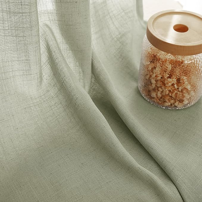Linen Blend Sage Green Curtains 90 inch Length 2 Panels for Bedroom Back Tab Light Filtering Semi Sheer Drapes Linen Cotton Textured Light Green Airy Modern Farmhouse Living Room Sage Aesthetic Decor