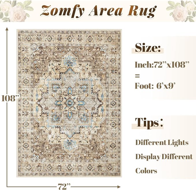 Area Rug 6x9 Vintage Rug: Washable Indoor Medallion Rugs Low Pile Distressed Floor Carpet Retro Accent Rug for Living Room Bedroom Kitchen Dining Table Home Office(Brown/Blue, 6'x9')