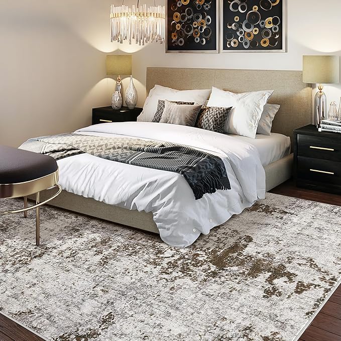 DMOYEST 5x7 Area Rug - Washable & Non Slip Indoor Rug for Living Room, Kid & Pet Friendly Abstract Low Pile Soft Carpet for Bedroom and Dining Room - Dark Brown