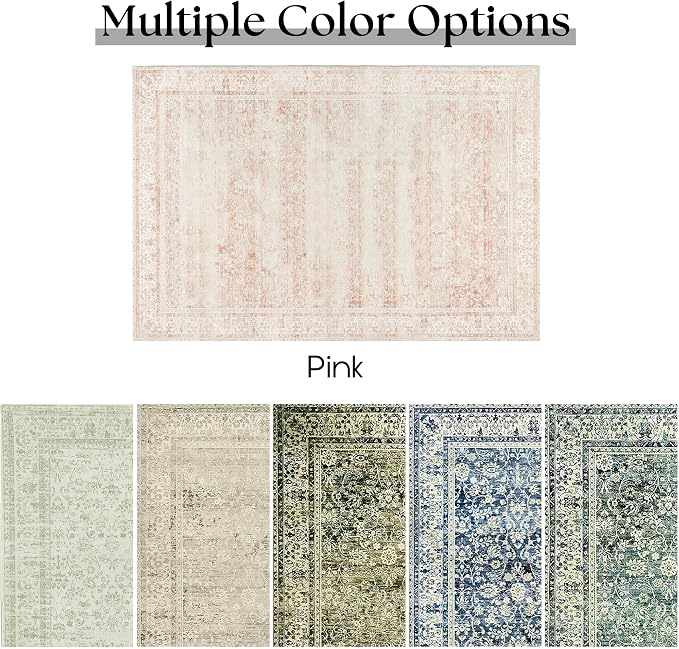 BILEEHOME Vintage Pink Rug 3x5 Washable Non Slip Floral Aesthetic Indoor Rugs for Entryway Kitchen Low Pile Carpet for Laundry Room Bathroom Front Door Mat for Entrance 3 x 5