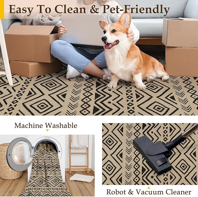 PureCozy 9x12 Easy Jute Outdoor Rug Black Boho Indoor Outdoor Area Rug Farmhouse Patio Carpet for Backyard, Patio, Porch, Living Room，Easy-Cleaning, High Traffic, Pet-Friendly, Non-Shedding