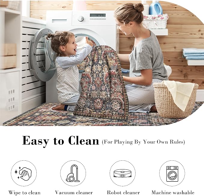 RUGSURE Washable Area Rugs - Perfect for Living Room, Bedroom, Kids Room, Nursery - Stain & Water Resistant Non-Slip, Pet & Child Friendly, Vintage Tribal Area Rugs (Rust, 2'6'' x 8')