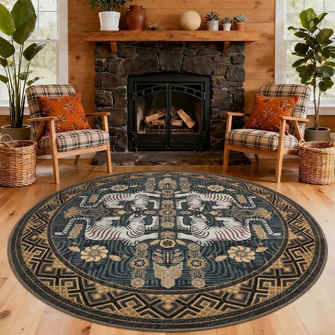 GarveeHome Tiger Round Area Rugs for Living Room, 8ft Boho Navy Animal Print Circle Rugs Non Slip, Washable Vintage Tribal Floor Carpet for Dining Room Entryway Nursery Playroom Office