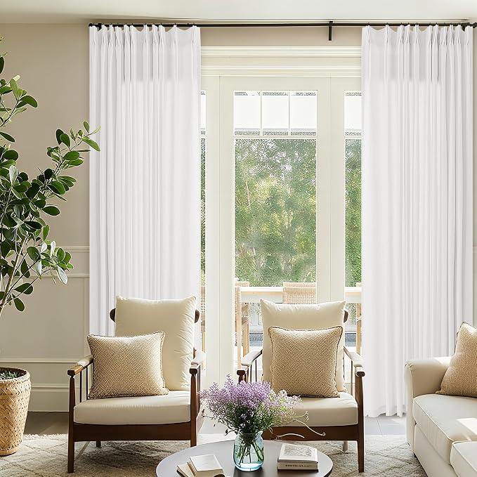 Ivory Pinch Pleat Linen 120 Inch Curtains 72 Inches Width Extra Wide | Cream Off White Birch, Light Filtering Semi Sheer, Pleated Drapes, for Living Room Patio Sliding Door 72x120 Curtain, 1 Panel