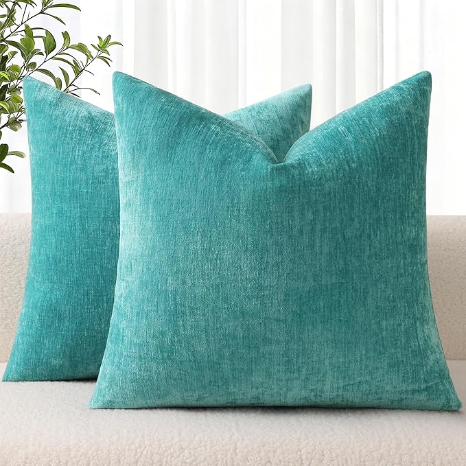 decorUhome Soft Chenille Turquoise Throw Pillow Covers 16X16 Set of 2 | Decorative Fall Couch Pillow Covers Solid Dyed Accent Modern Farmhouse Neutral Square Pillow Cases for Sofa