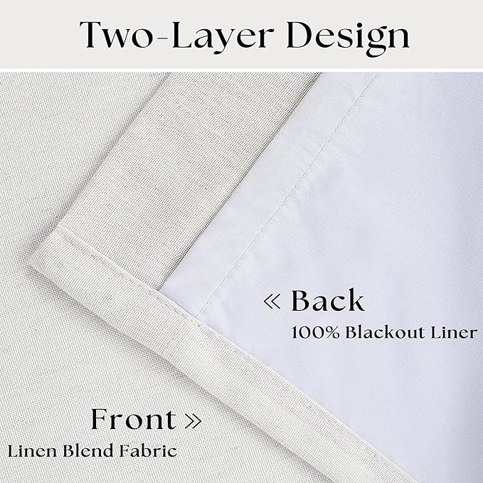 Pinch Pleat 100% Blackout Curtains 86 Inch Length 2 Panels Set Flax Linen Beige White Cream Room Darkening Soundproof Curtains Drapes with Hooks Rings Back Tab for Bedroom Living Room Track System