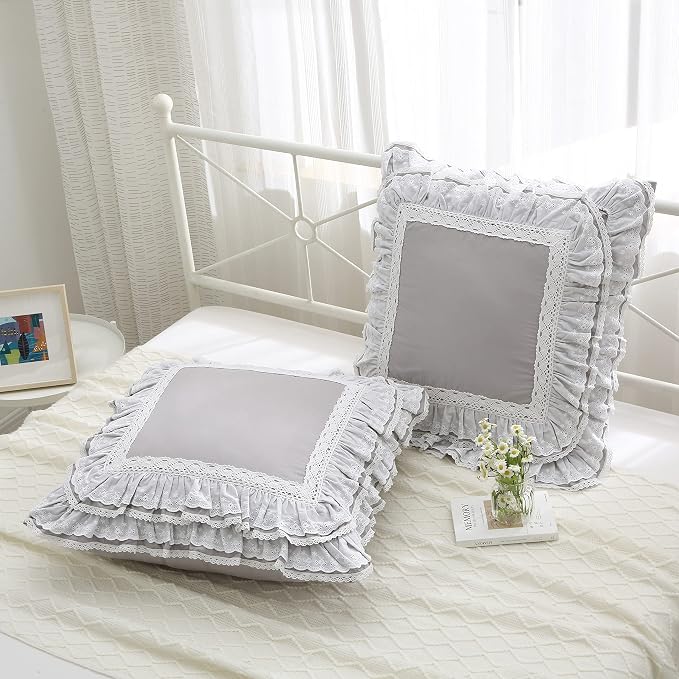 Light Gray Lace Euro Shams Luxury Throw Pillow Covers Cushion Cases with Ruffles Cotton 26"X26" Zipper Closure Elegant 2-Pack