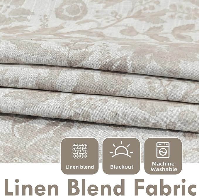 DriftAway Julia 100% Blackout Curtains Grommet 2 Panels, W52xL96, Beige | Floral Curtains, Bedroom, Living Room, Linen Blend, Watercolor Pattern, 2 Layers, Thermal Insulated, Window Treatment
