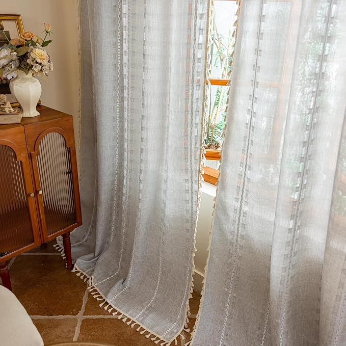 Light Gray Boho 96 inch curtains 2 panel set for Living Room Dining room floor to ceiling , Light Filtering Tassels Privacy Country Vintage Embroidery Bohemian Stripes Window Treatment Back Tab, 50"W