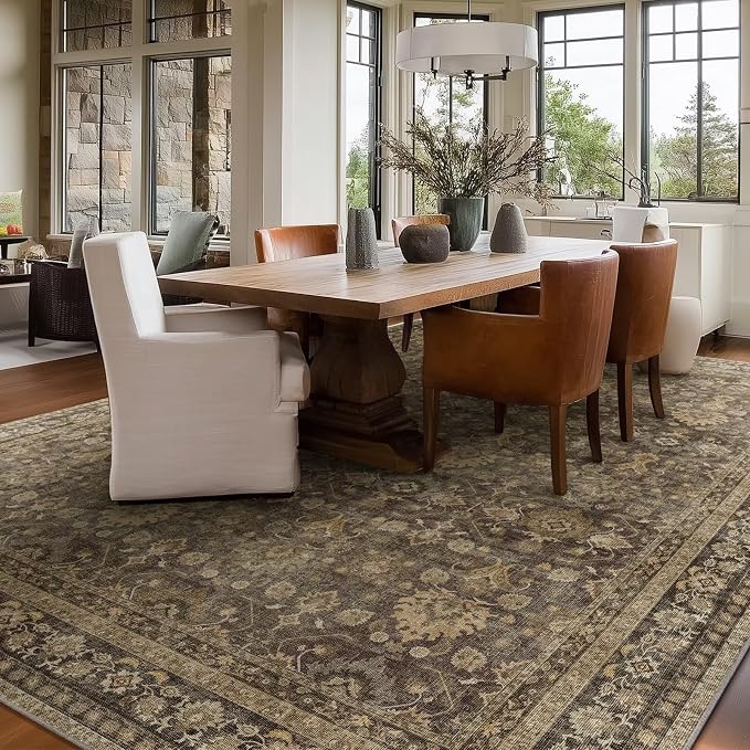 Boho Washable 8x10 Area Rugs for Living Room, Cushioned, Deep Brown | Vintage Non-slip Neutral Oriental Rugs for Bedroom Dining Room Nursery Office High Traffic Area