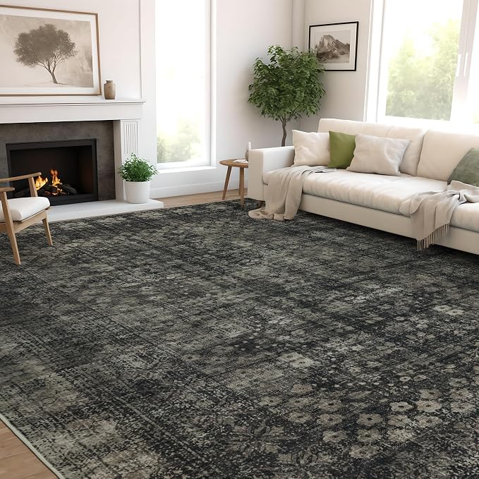5x7 Vintage Washable Area Rug for Living Room,Low Pile Non Slip Carpet Non-Shedding Area Rug Soft Indoor Stain Resistant Rug Floral Print Mat for Bedroom Dining Room Black