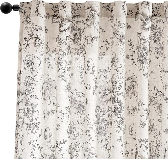 jinchan Black Floral Linen Curtains 84 Inch Farmhouse Back Tab 2 Panels | Light filtering drapes, semi sheer, farmhouse, cottagecore, rustic, living room, bedroom, rod pocket, window treatment