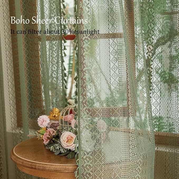 Sutuo Home Olive Green Boho Sheer Curtains 72 Inches Long for Kitchen Bedroom, Lace Curtains Bohemian French Country Privacy Crochet Light Filtering Vintage Tassels Christmas Rod Pocket,2 Panels 50"W