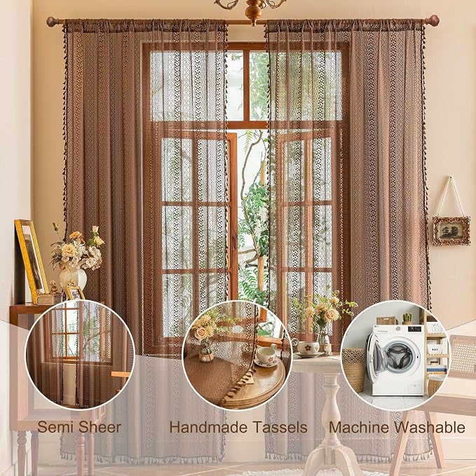 Sutuo Home Boho Lace Curtains 2 Panels Set for Living Room Bedroom,Semi Sheer Window Curtains Drape Privacy Country Vintage Tassels Victorian Style Taupe Rustic Rod Pocket Decor, 50" x 96" Dark Coffee
