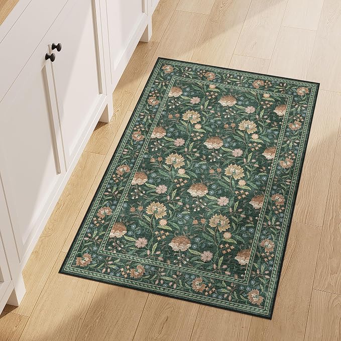 DUKINO 2x3 Rug, Washable Vintage Floral Bathroom Rugs Non Slip, Green | Low Pile, Stain Resistant Boho Soft Indoor Door Mat, Small Front Door Carpet for Entryway Kitchen Laundry Bedroom Farmhouse