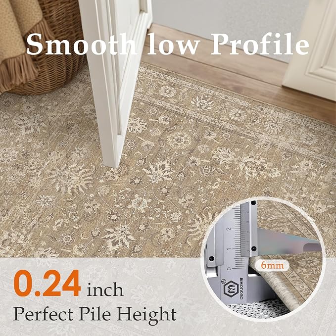 PureCozy 5x7 Area Rug Brown Washable Vintage Carpet Living Room Bedroom Non Slip Stain Soft Resistant Low Pile Thin Boho Accent Indoor Throw Rug for Dining Room Office