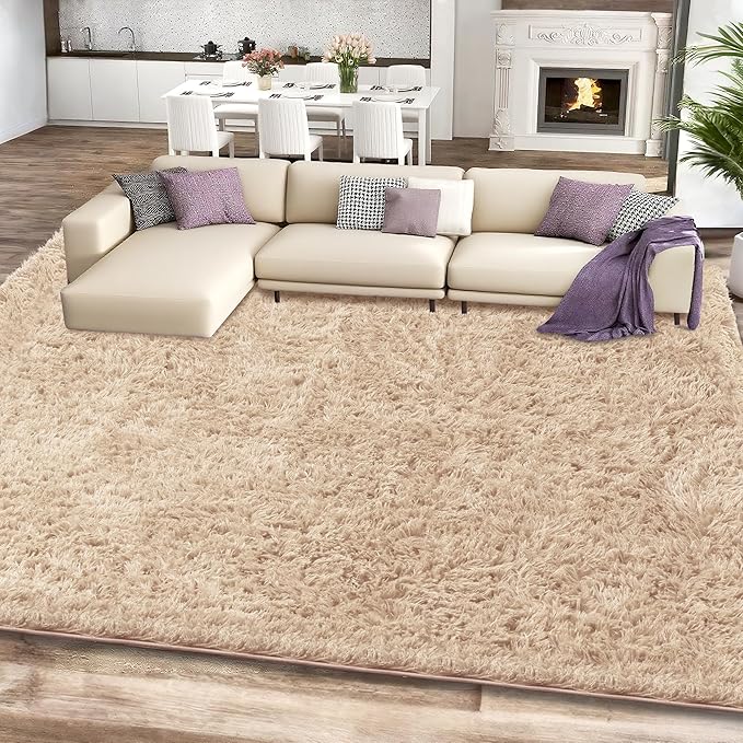 8x10 Beige Fluffy Shag Area Rugs for Living Room Bedroom Nursery | Ultra Soft Comfy, Large Fuzzy Shaggy Plush Carpet for Kids Boys Girls Teen Dorm, Modern Indoor Home Decor, Upgrade Non-Slip