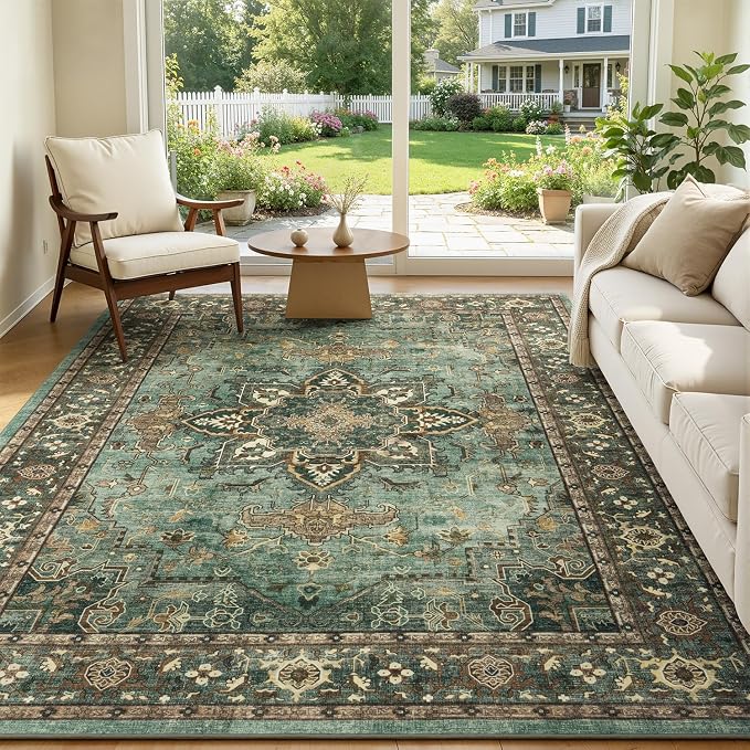 5x7 Green Brown Area Rugs for Living Room - Vintage Boho Medallion Aesthetic Distressed Washable Rug, Soft Non-Slip Backing Low Pile Carpet for Office, Lounge, Bedroom Foot of Bed