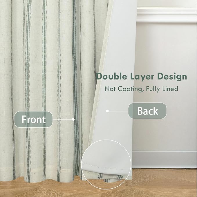 DriftAway Farmhouse Stripe Blackout Curtains, W52xL108, Loden Green | Blackout, Linen Texture, Stripe Pattern, Rod Pocket & Back Tab, Two Layers, Bedroom Living Room Use, Sound Reducing Design