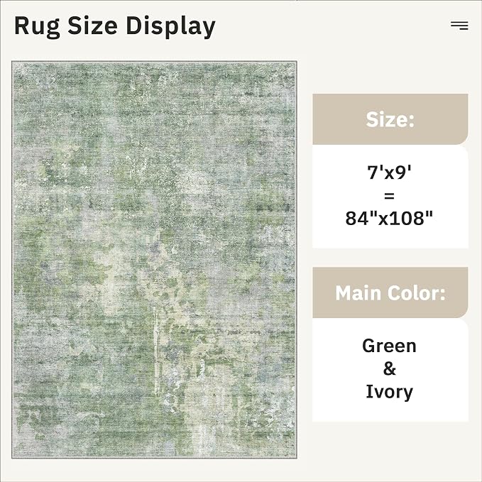 Soalmost 7x9 Area Rug for Living Room Washable Abstract Vintage Soft Thin Indoor Floor Non-Slip Carpet for Bedroom Dining Room Green/Ivory