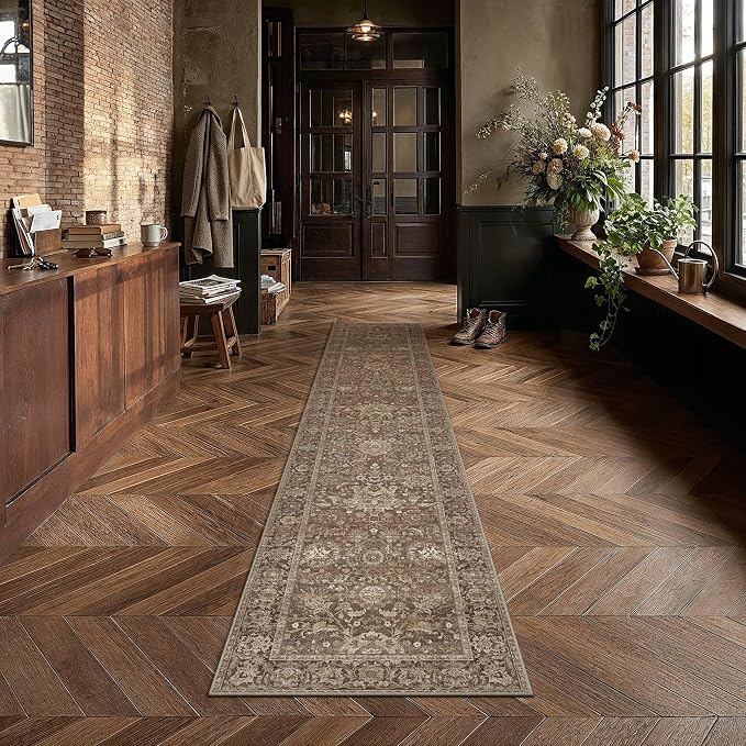HUGEAR Hallway Runner Rugs 3x10 Brown Washable Rug Neutral Vintage Rug Carpet Distressed Soft Durable Non Slip No Shedding for Indoor Bedroom Kitchen Dining Nursery Laundry