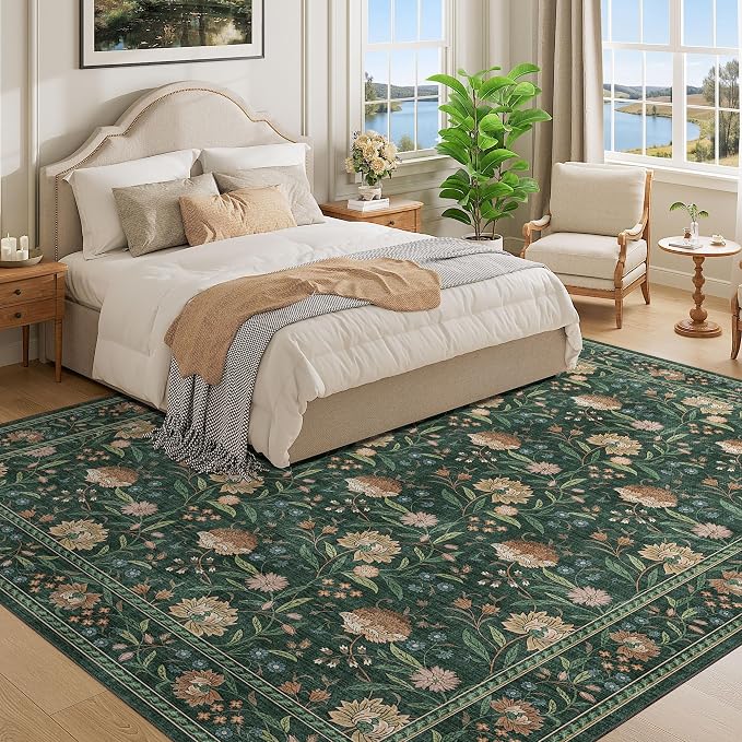 DUKINO 8x10 Area Rug, Vintage Floral Washable Rugs for Living Room, Green | Non Slip, Low Pile, Non-Shedding, Stain Resistant Boho Soft Indoor Large Carpet for Bedroom Dining Room Farmhouse, Home Decor