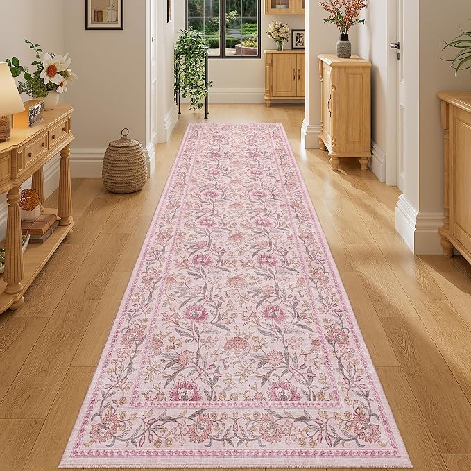 DUKINO 2.6x8 Runner Rug, Washable Vintage Floral Kitchen Runners Rug, Pink | Non Slip, Low Pile, Non-Shedding Soft Carpet for Hallway Bathroom Laundry Entryway Bedroom Farmhouse, Kids and Pets Friendly