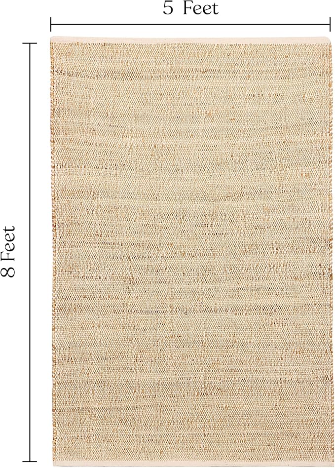 Handwoven Jute and Cotton Area Rug - Natural Rug, Farmhouse Accent Rug for Living Room, Bedroom, or Entryway - Sustainable, Flatweave - (5x8 Ivory)